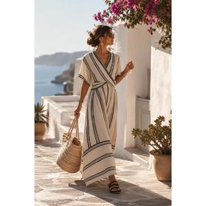 Vestido maxi a rayas con cuello en V, estilo bohemio, con lazo, holgado, de algodón y fibra de bambú, informal, de verano, transpirable, de tela tejida. - Product Image 3