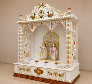 Customized Radha Krishna Temple for Home White And Gold Pooja <b>Mandir</b> With Peacock Carvings With Storage Drawers Puja Unit Sydney - Product Image 2