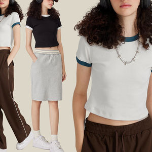 Camiseta Corta de Verano 2024, Estilo Retro Americano, Cuello Redondo, Manga Corta, Contraste de Color, para Mujer - Product Image 5