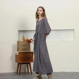 Boho Chic Plain Grey Cotton Linen Maxi <b>Dress</b> O-neck 3/4 Sleeve <b>Loose</b> Fit Tie Waist Summer Casual <b>Dress</b> For Women - Product Image 1
