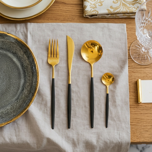 Luxury <b>Black</b> and Gold Cutlery <b>Set</b> Matte Stainless Steel Flatware Two-Tone Silverware <b>Set</b> for Wedding & Fine Dining - Product Image 2