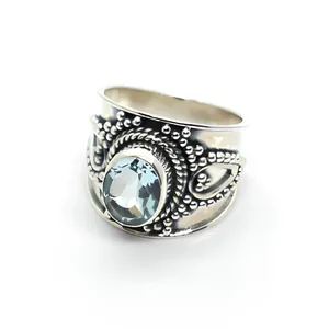Vintage 925 Sterling Silver Cocktail Ring With Blue Topaz Bezel Setting Unisex Everyday Wear - Product Image 5