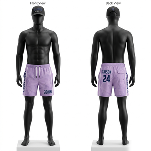 Shorts de baño premium de poliéster de 140 GSM de secado rápido, color negro, con panel lateral sublimado y logotipo personalizado por transferencia térmica. - Product Image 2