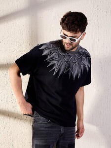 Men's Black Short Sleeve T-<b>Shirt</b> With Embroidered Rhinestone <b>Flame</b> Pattern O-Neck Street Style Regular Fit Knitted Cotton Top - Product Image 2
