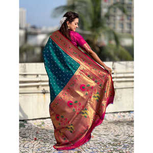 Sari en soie Elite Weaves Green Fusion avec broderie Zari, tissage Bandhani Paithani, vêtements indiens et pakistanais, 650g - Product Image 4