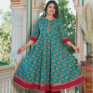 Kurta Anarkali à imprimé floral Kantha, en coton, couleur turquoise, style évasé, ethnique, traditionnel, décontracté, été, séchage rapide, matériaux recyclés, pour femmes - Product Image 1