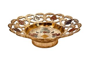 Cuenco Decorativo de Latón con Diseño Floral, Acabado Dorado, Esmalte Multicolor, Base en Forma de Hoja de Loto - Product Image 4