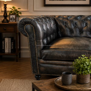 Elegant 2 Seater Chesterfield <b>Sofa</b> Genuine Leather with Rolled Arms Tufted Backrest and Solid Wood <b>Legs</b> Compact Couch - Product Image 4