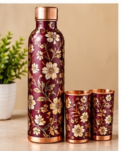 Luxury Copper <b>Water</b> <b>Bottle</b> Set with Two Cups Black Geometric Pattern Double Wall <b>Metal</b> Eco Friendly Drinkware - Product Image 3