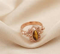 Bague en argent 925 avec pierre précieuse œil de tigre brun naturel, style marquise, vintage, bohème, filigrane, plaqué or rose et or jaune, faite à la main