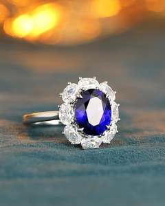Blue Oval Halo Sapphire Gemstone Ring Sterling Silver Rhodium Plated Oval Cut Center Prong Set for Wedding Engagement Party - Product Image 1