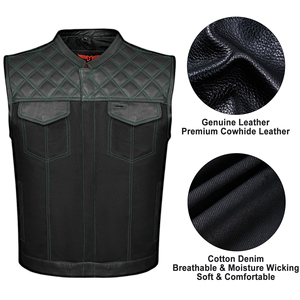 Gilet de motard sans manches en cuir noir pour homme, respirant, avec panneau matelassé et poches avant, toutes saisons - Product Image 5