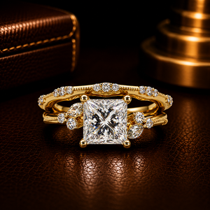 Custom 14k Pure Gold Milgrain Border Style Princess cut Marquise Lab Grown Diamond <b>Ring</b> Matching Band Bridal <b>Set</b> For Women's - Product Image 1