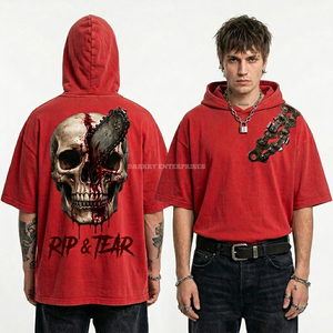Camiseta con capucha para hombre, de peso pesado 280GSM, con gráfico de calavera con motosierra roja y diseño 'Rip Tear', estilo streetwear desgastado, venta al por mayor para fabricantes - Product Image 1