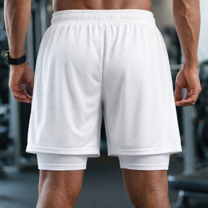 Pantalones Cortos de Gimnasio 2 en 1 Blancos con Forro de Compresión y Cordón Ajustable, Ropa de Entrenamiento, Personalización MOE, Marca Privada, Fábrica OEM - Product Image 2