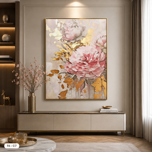 Impresión artística moderna en lienzo floral, decoración de pared enmarcada con detalles en oro y peonías rosas, F6-C7 - Product Image 4