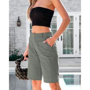 2025 femmes motif chaud taille haute coton élastique genou longueur Bermuda Shorts été habillé décontracté Long Chino Shorts - Product Image 5
