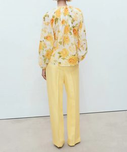 Chemisier en mousseline tissé à imprimé floral jaune pour femme, à manches longues et col chemise, respirant et écologique pour le quotidien - Product Image 2