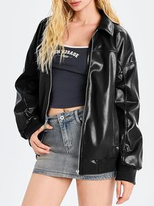 Blouson bomber en cuir PU pour femme, manches longues, col rabattu, fermeture éclair, couleur unie, style automne - Product Image 5
