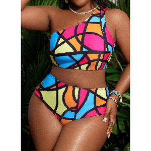 Costume da bagno bikini da donna monospalla in rete color block con strisce colorate - Product Image 1