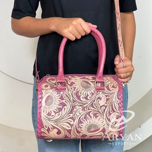 New <b>Hot</b> Selling Handcrafted Floral Tooled Leather Travel Duffel <b>Bags</b> Trending <b>Pink</b> Leather Crossbody Gym Travel Weekender <b>Bags</b> - Product Image 1