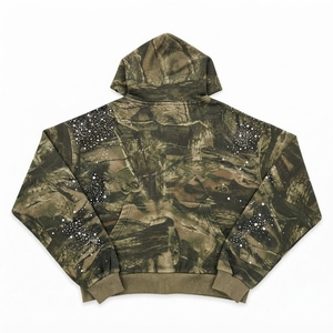 Men's Street Wear Custom Design Heavyweight Embroidered Vintage Acid Wash Thick Cotton Sized Distressed Rhinestone Zip Hoodie - Product Image 2