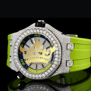 Montre à quartz de luxe avec bracelet vert néon, entièrement sertie de pierres, montre de sport pour homme, montre de mode - Product Image 2