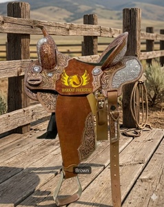 Selle de cheval western en cuir véritable bicolore personnalisée avec accent en strass, durable, siège profond, portable - Product Image 1