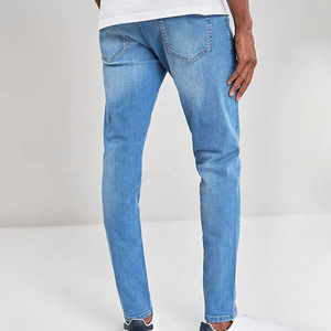 Jeans en denim bleu uni pour homme, coupe slim droite, tricoté, délavage moyen, été, personnalisable en gros - Product Image 4