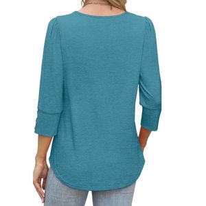 Blusa Elegante de Oficina para Mujer, Casual, Color Azul Verde Azulado Sólido, Manga Tres Cuartos, Poliéster Suave, Corte Drapeado, Camisas de Chifón - Product Image 2