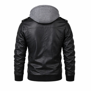 Veste à capuche en cuir PU noir pour homme, coupe slim, style motard, fermeture éclair, hiver, streetwear décontracté - Product Image 4