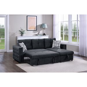 Divano Sezionale Convertibile in Velluto Nero 2 Pezzi con Chaise Longue Reversibile Trapuntata, Letto Estraibile e Contenitore, per Soggiorno - Product Image 4