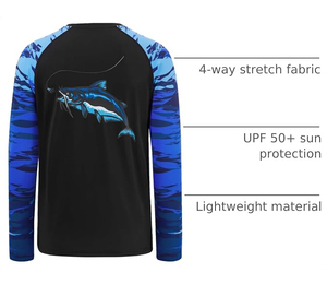 เสื้อแรชการ์ดแขนยาวสำหรับผู้ชาย ระบายอากาศได้ดี สีดำพิมพ์ลายคลื่นสีน้ำเงิน แห้งเร็ว UPF50 ผลิตจากโพลีเอสเตอร์ผสมคอตตอน เหมาะสำหรับตกปลา - Product Image 2