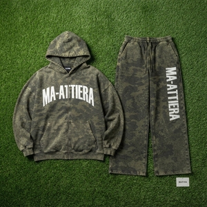 Conjunto de Sudadera con Capucha y Pantalones de Chándal para Hombre, Verde Oliva, Camuflaje, Cierre de Cremallera, Corte Holgado, Estilo Urbano, Lavado, Personalizado, OEM, ODM, Venta al Por Mayor - Product Image 5