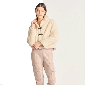 Women's Cream <b>Fleece</b> <b>Jacket</b> With Shawl Collar And Covered Buttons <b>Warm</b> Winter Outerwear Short Length Full Sleeve - Product Image 3