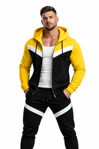 Conjunto de chándal con capucha y rayas en V en amarillo y negro para hombre, con chaqueta con cremallera y pantalones deportivos ajustados, ropa deportiva estilo streetwear - Product Image 2