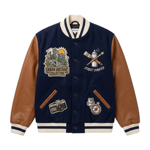 Chaqueta Varsity Personalizada para Hombre con Bordado, Cuello Alto, Mangas de Cuero, Diseño de Dibujos Animados, Chaqueta de Béisbol - Product Image 1