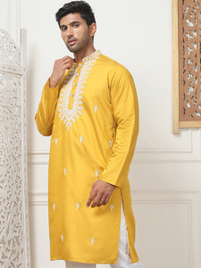 <b>Men's</b> Yellow Embroidered Kurta <b>Pajama</b> Set Traditional Indian Pakistani Ethnic Wear - Product Image 5