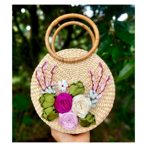 Bohemian <b>Straw</b> Round <b>Handbag</b> With Flower Embellishment Summer Women's Mini Bag 7 Inch Open Top Design - Product Image 1