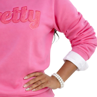   Sweat-shirt en chenille rose uni élégant pour femme, sweat-shirt à col rond de qualité supérieure avec lettres grecques brodées