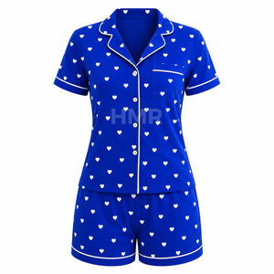 Conjunto de Pijama de Manga Corta con Estampado de Corazón Azul de la Hermandad HMR, 2 Piezas, Ropa de Dormir de Algodón, Estilo Clásico, Verano - Product Image 5