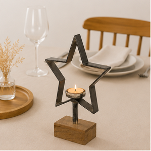 Rustic Metal Star Candle Holder Solid Mango Wood Base Industrial Style Decorative Iron Tealight <b>Stand</b> For Farmhouse Home Decor - Product Image 2