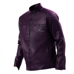 Chaqueta de Motociclista de Cuero Genuino Marrón para Hombre, Cuello Alto, Cierre de Cremallera, Corte Ajustado, Otoño, Manga Larga, Color Sólido - Product Image 2