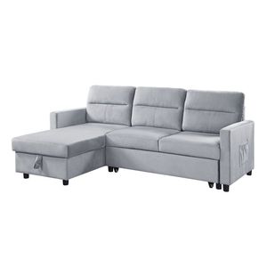 Divano Sezionale Reversibile Ruby in Velluto Grigio Chiaro da 207 cm con Chaise Longue Contenitore e Tasca Laterale - Product Image 2