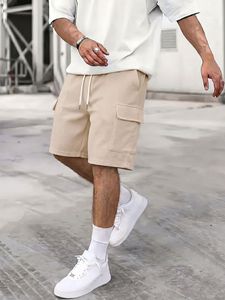 Men's Beige Waffle Weave Cargo Shorts Mid Waist Drawstring Casual Bermuda Style Solid Color Cotton Shorts - Product Image 2