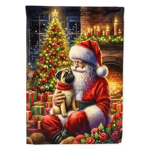 Grand drapeau de maison du père Noël en polyester multicolore Design de carlin fauve pour poteau de manche de porche Bannière de cour décorative - Product Image 1