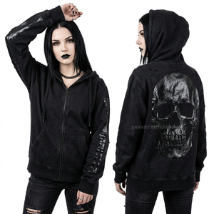 Custom Black Zip Up Hoodie Women Realistic Skull Graphic <b>Back</b> Print Distressed Sleeve Bone Design Streetwear Sweatshirt Factory - Product Image 1