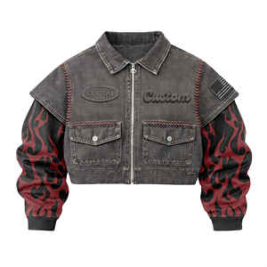 Veste en jean personnalisée grise délavée, coupe courte, manches en tricot motif flamme rouge et noir, logo en relief 3D, badge ovale, tresse en cuir rouge, strass - Product Image 2