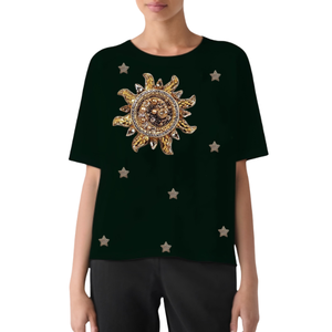 เสื้อยืดลำลองแขนสั้นปักลายงานฝีมือสำหรับผู้หญิง คอลเลคชั่นใหม่ ผ้าฝ้าย 100% ระบายอากาศได้ดี ลายลูกปัดดวงอาทิตย์สไตล์นักบิน - Product Image 1