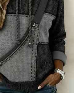 Sweat à capuche en maille color block avec fermeture éclair diagonale pour femme, style streetwear tactique, poche bandoulière, texture urbaine utilitaire - Product Image 3